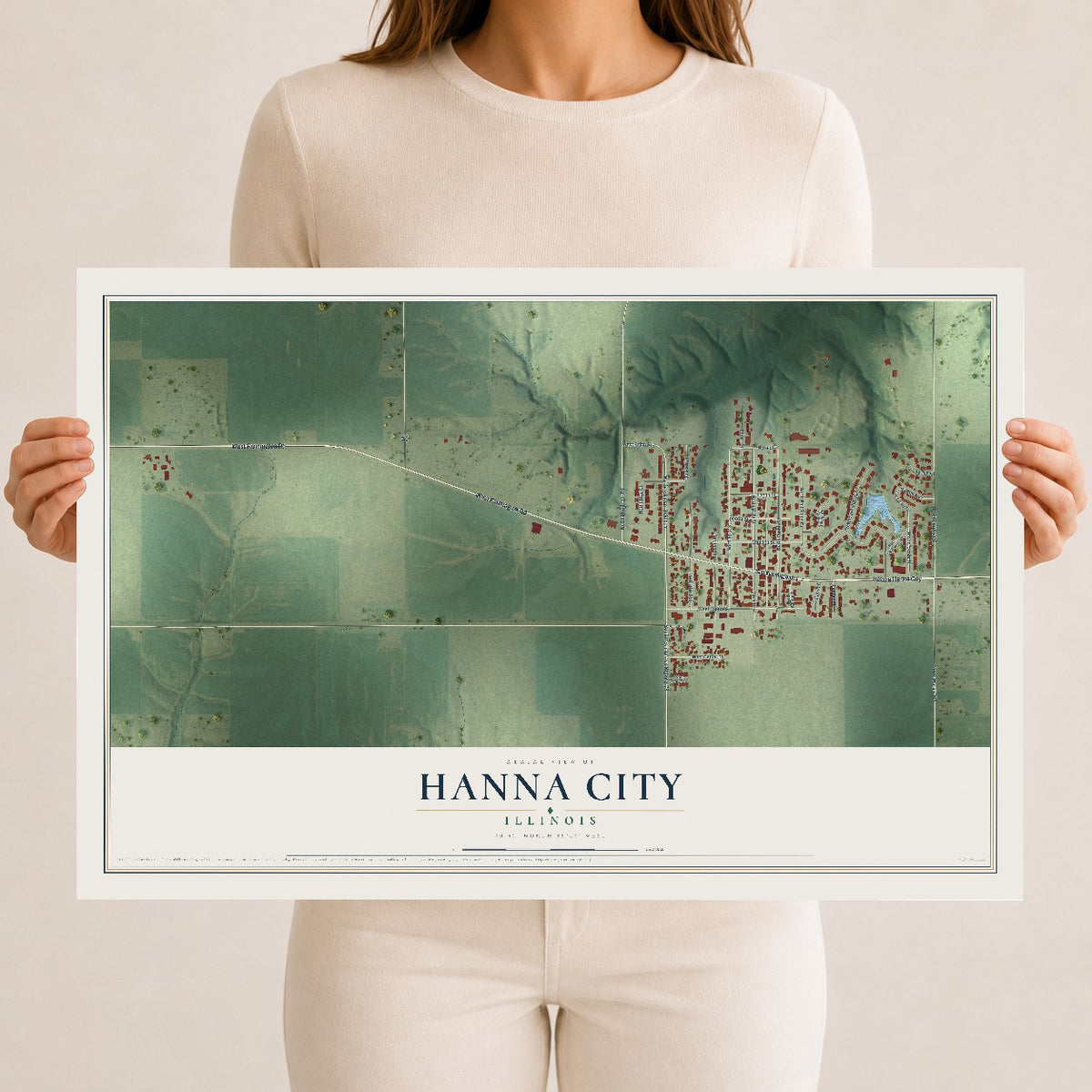 Map of Hanna City, Illinois, 12 x 18 inch unframed archival matte print