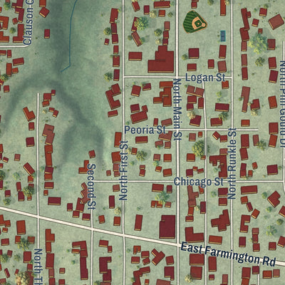Close-up of the map of Hanna City, Illinois print showing street and building detail