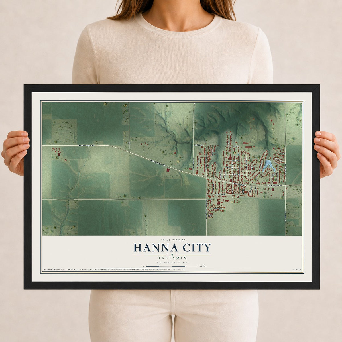 Map of Hanna City, Illinois, 12 x 18 inch print in a black wood frame