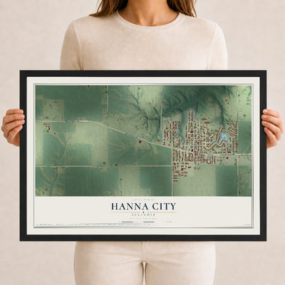Map of Hanna City, Illinois, 12 x 18 inch print in a black wood frame