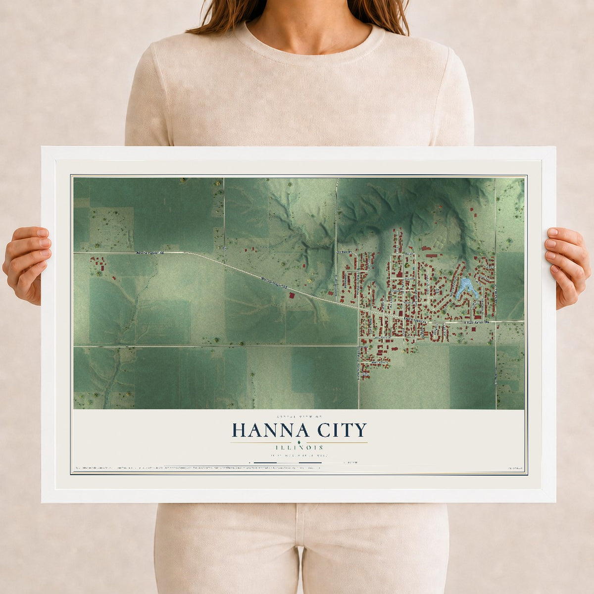 Map of Hanna City, Illinois, 12 x 18 inch print in a white wood frame