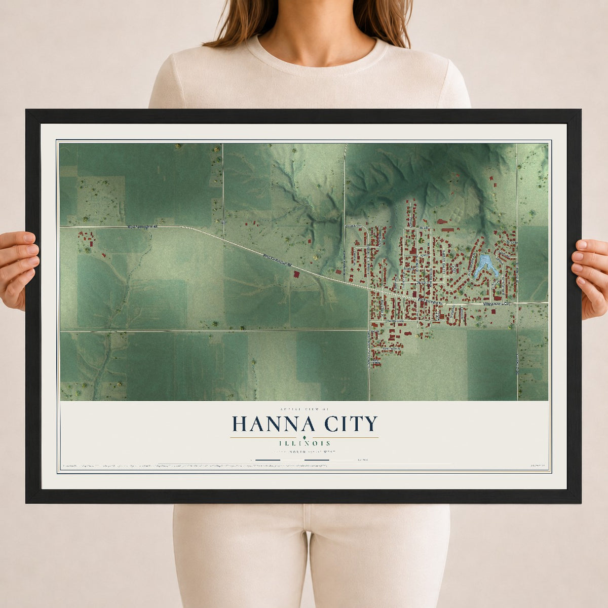Map of Hanna City, Illinois, 18 x 24 inch print in a black wood frame