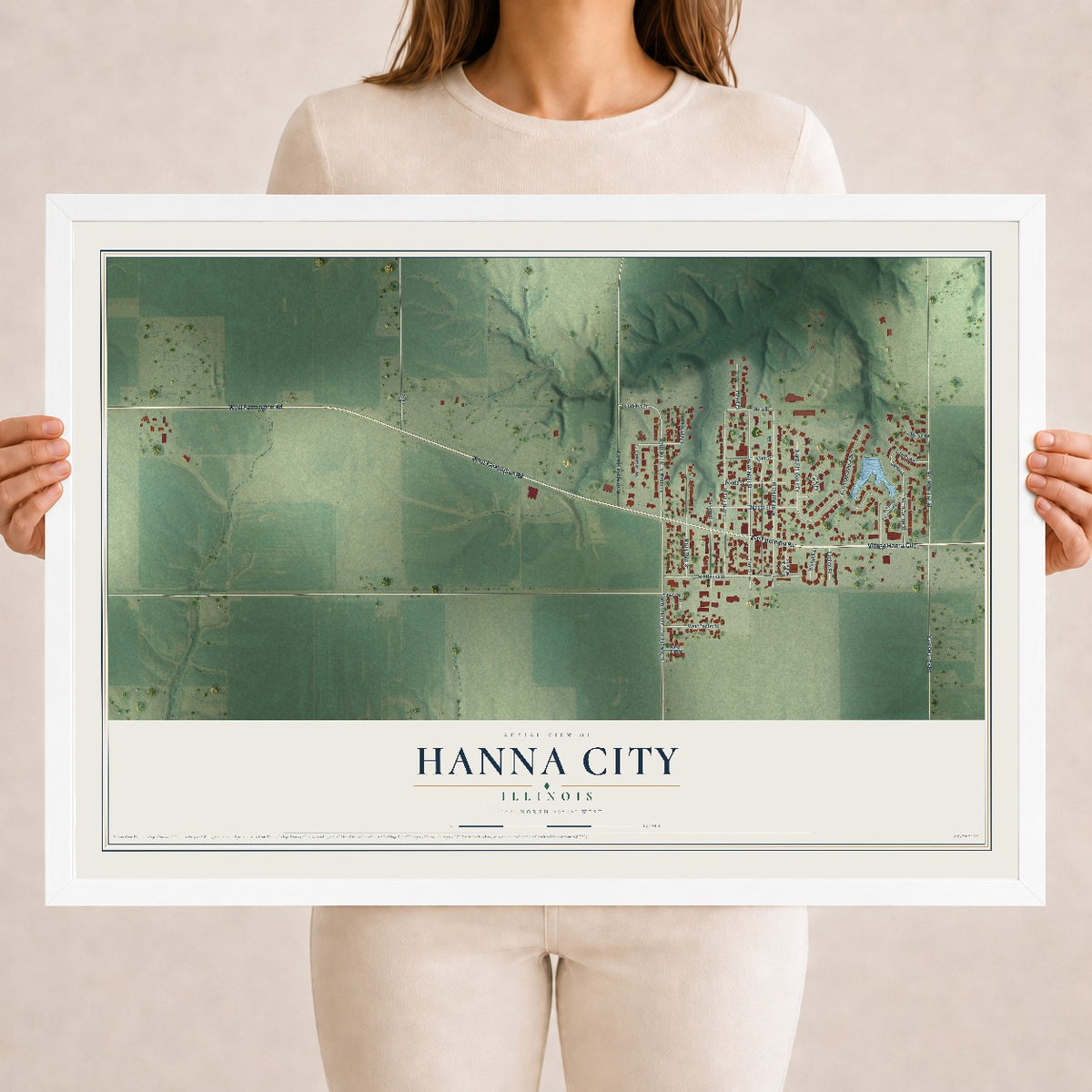 Map of Hanna City, Illinois, 18 x 24 inch print in a white wood frame