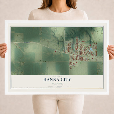 Map of Hanna City, Illinois, 18 x 24 inch print in a white wood frame