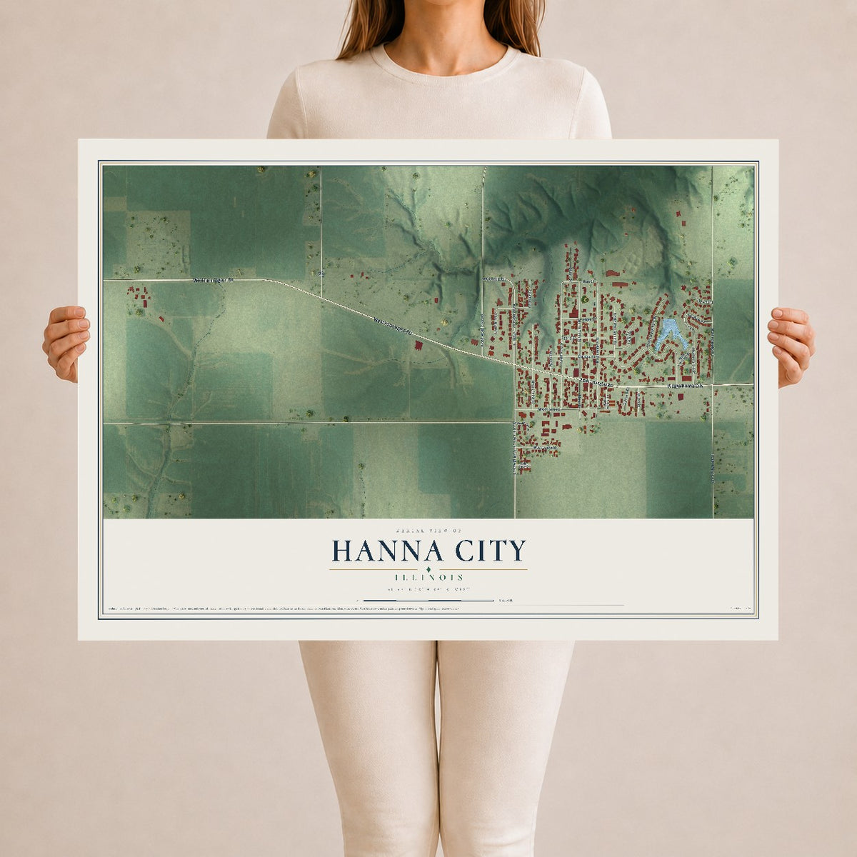 Map of Hanna City, Illinois, 24 x 36 inch unframed archival matte print
