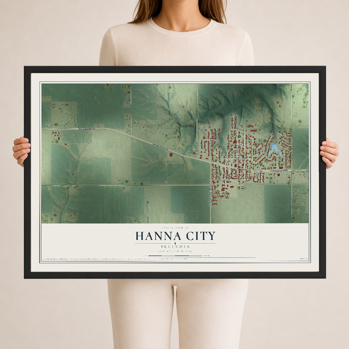 Map of Hanna City, Illinois, 24 x 36 inch print in a black wood frame