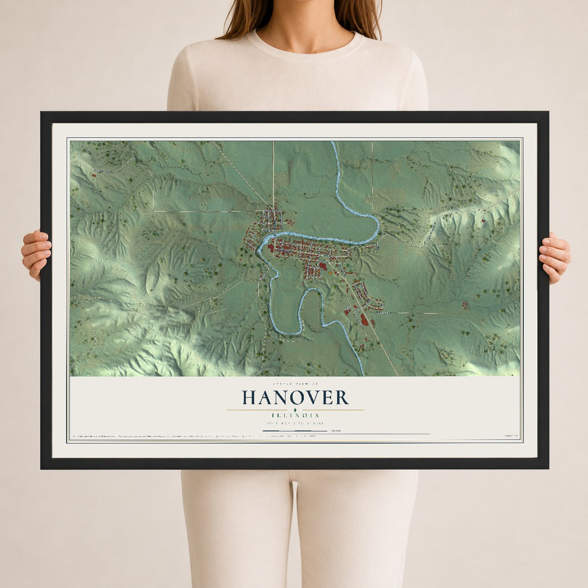 Map of Hanover, Illinois, 24 x 36 inch print in a black wood frame