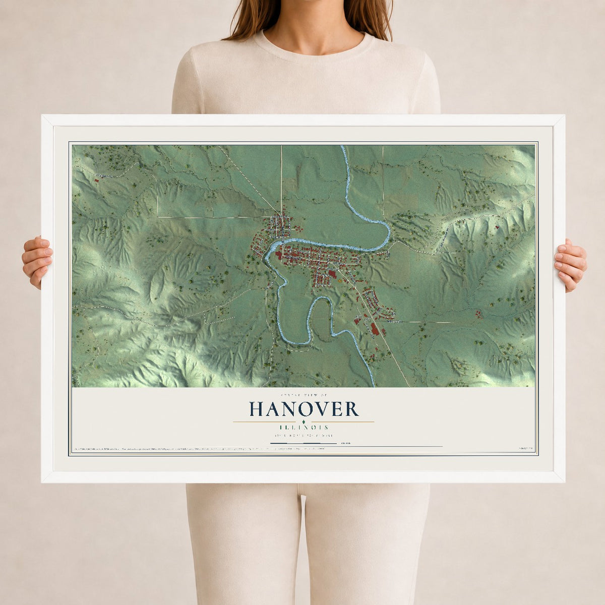 Map of Hanover, Illinois, 24 x 36 inch print in a white wood frame