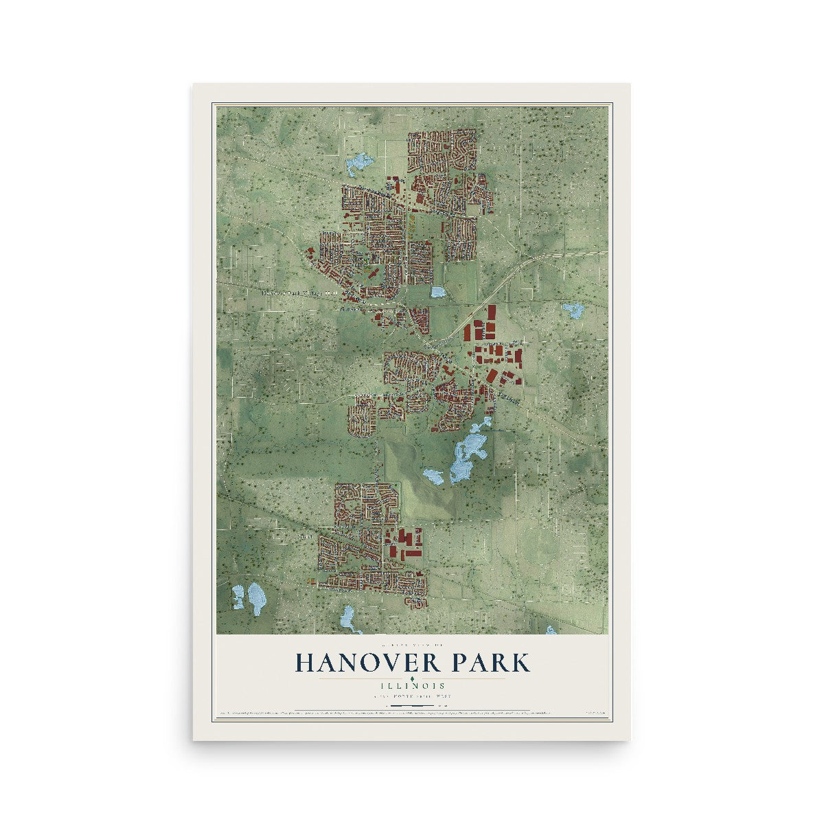 Map of Hanover Park, Illinois, 12 x 18 inch unframed archival matte print