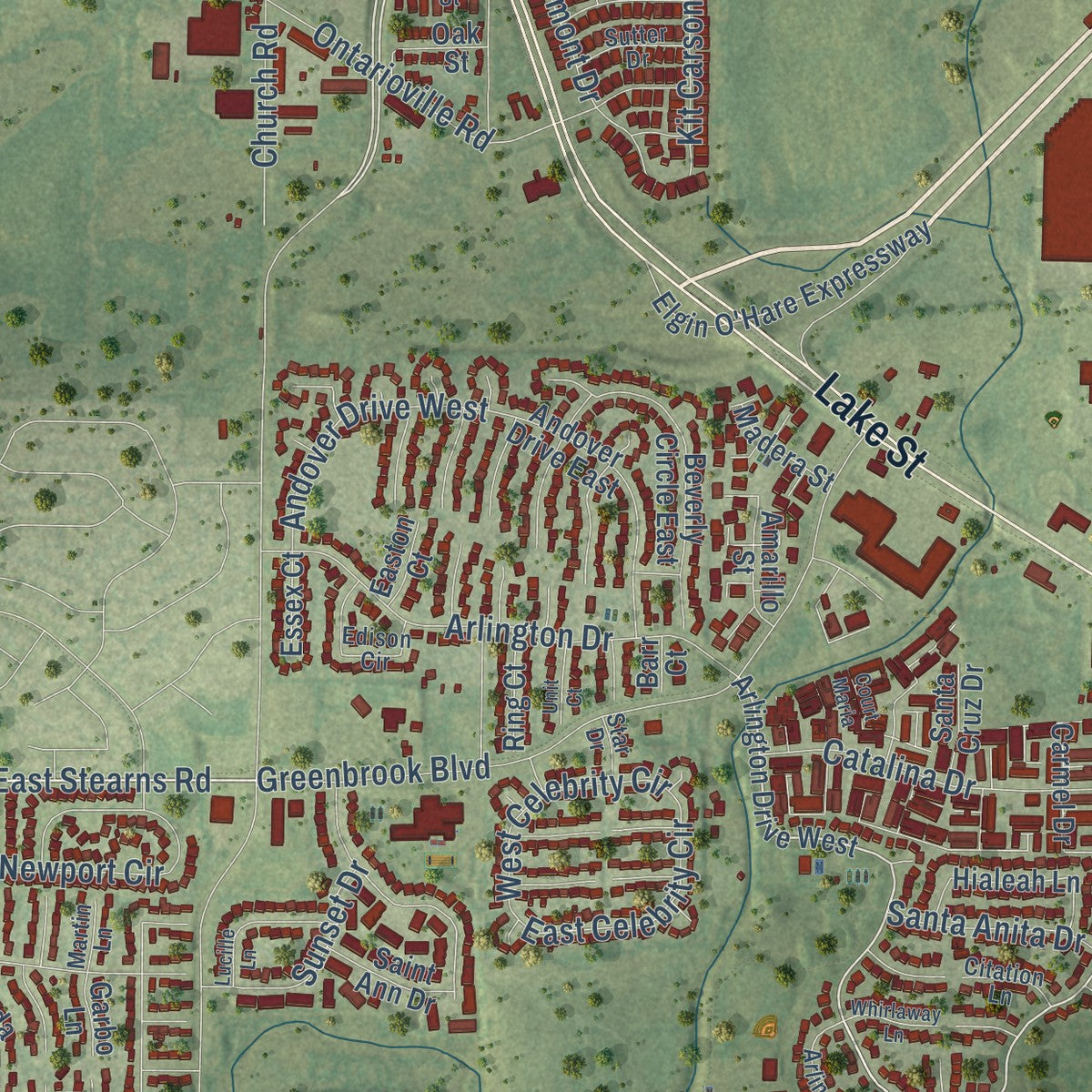 Second close-up of the map of Hanover Park, Illinois print showing more streets and buildings