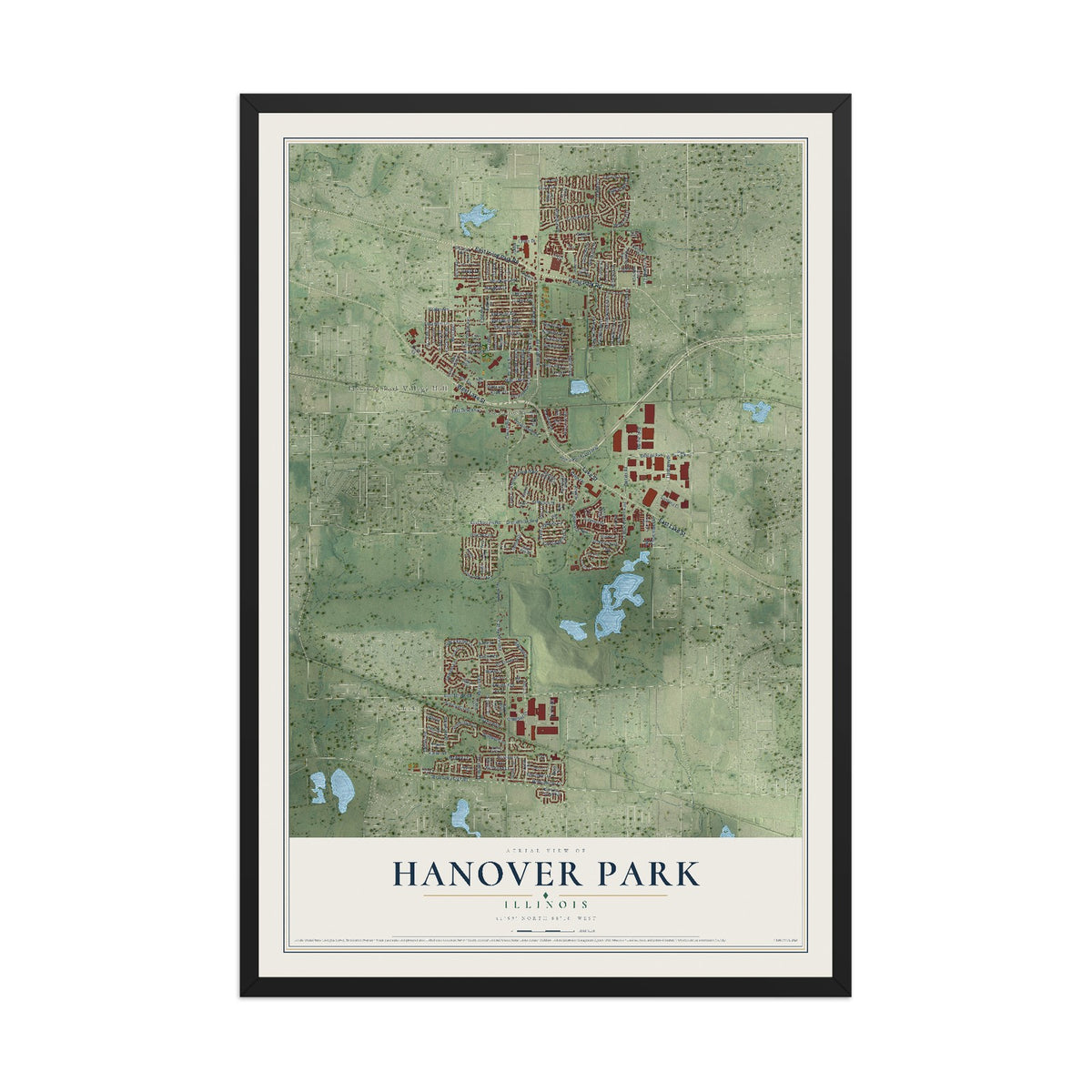 Map of Hanover Park, Illinois, 12 x 18 inch print in a black wood frame