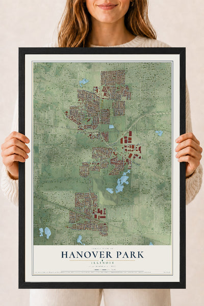 Map of Hanover Park, Illinois, 18 x 24 inch print in a black wood frame