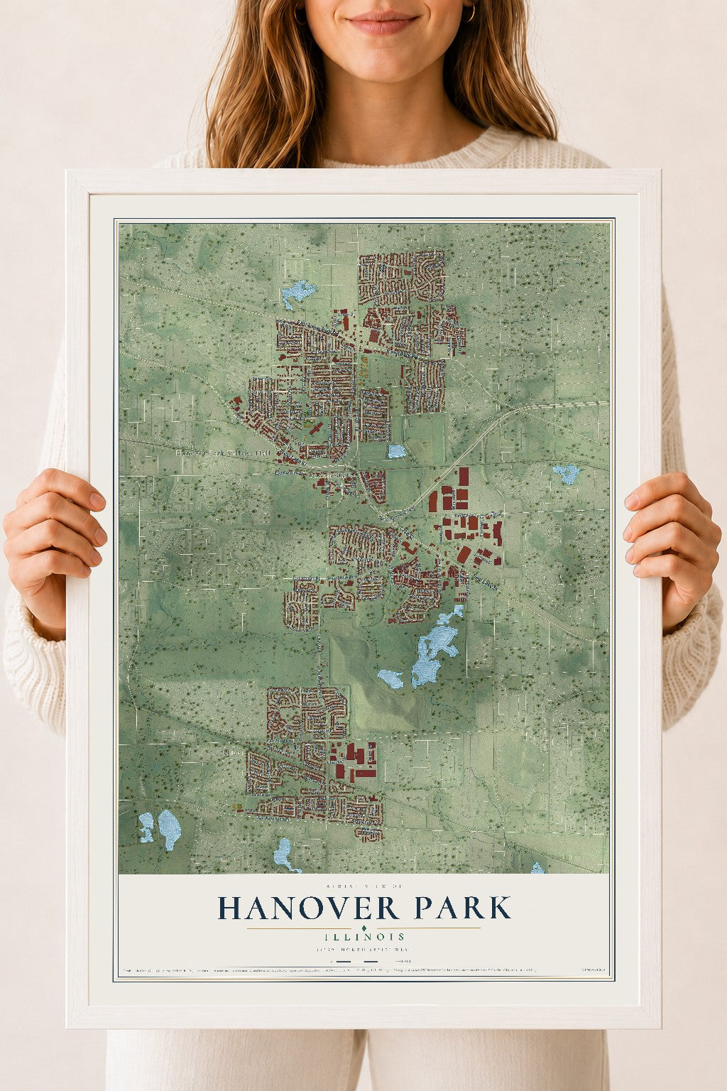 Map of Hanover Park, Illinois, 18 x 24 inch print in a white wood frame