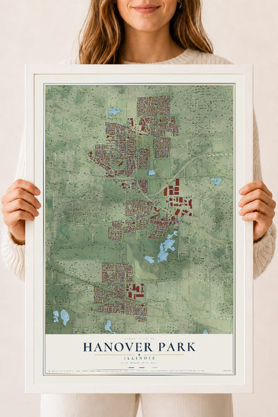 Map of Hanover Park, Illinois, 18 x 24 inch print in a white wood frame
