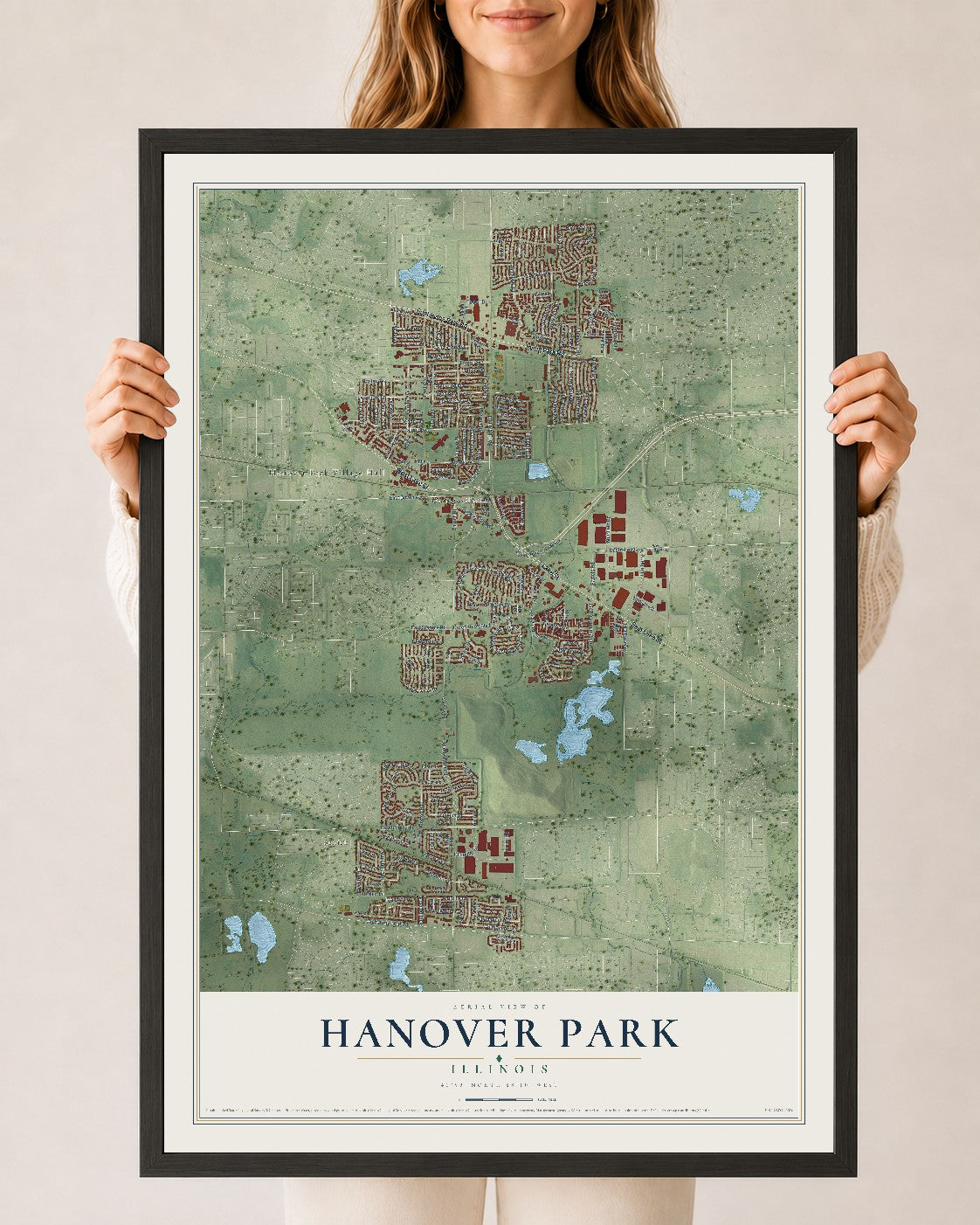 Map of Hanover Park, Illinois, 24 x 36 inch print in a black wood frame
