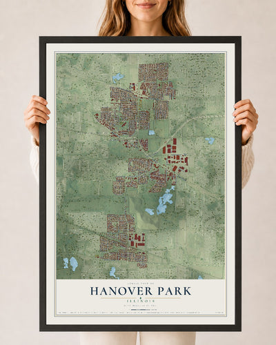 Map of Hanover Park, Illinois, 24 x 36 inch print in a black wood frame