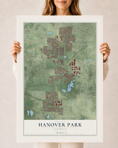 Map of Hanover Park, Illinois, 24 x 36 inch print in a white wood frame