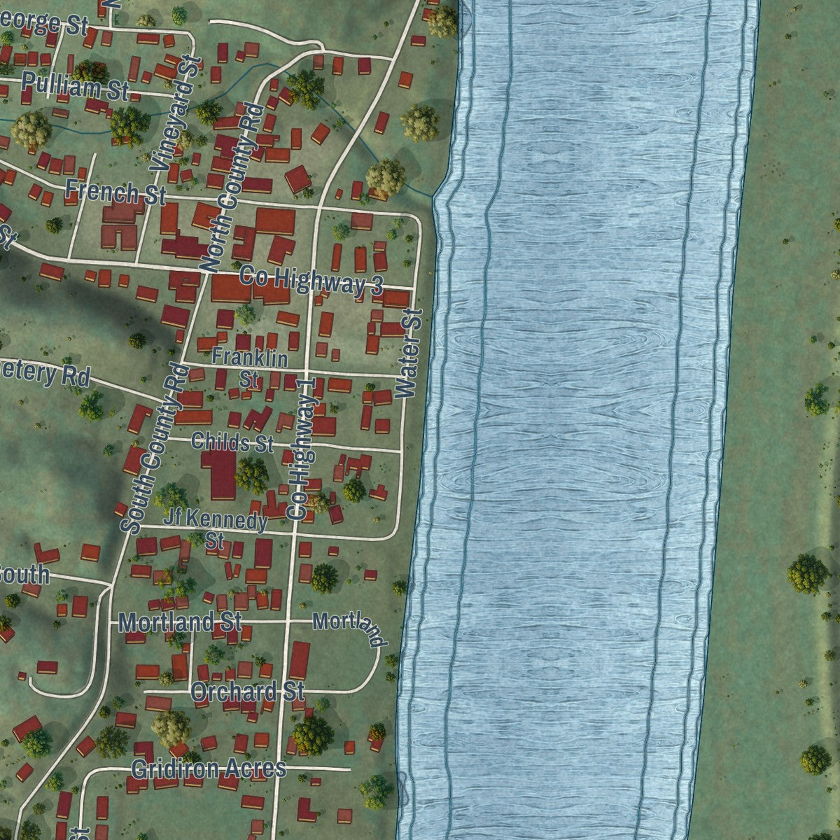 Close-up of the map of Hardin, Illinois print showing street and building detail