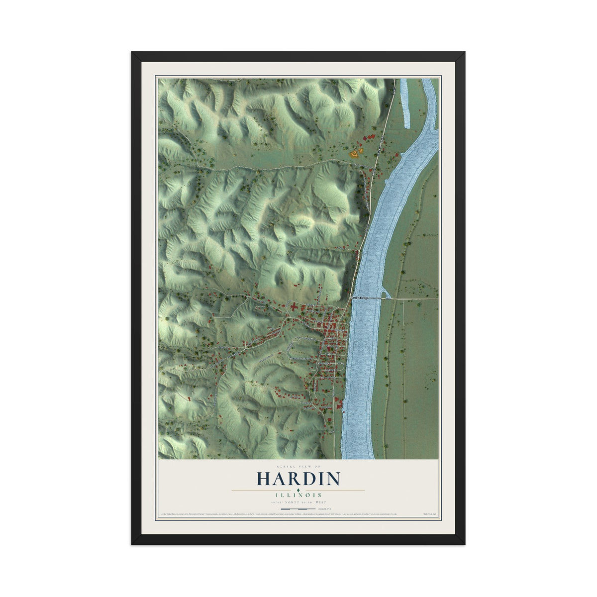 Map of Hardin, Illinois, 12 x 18 inch print in a black wood frame