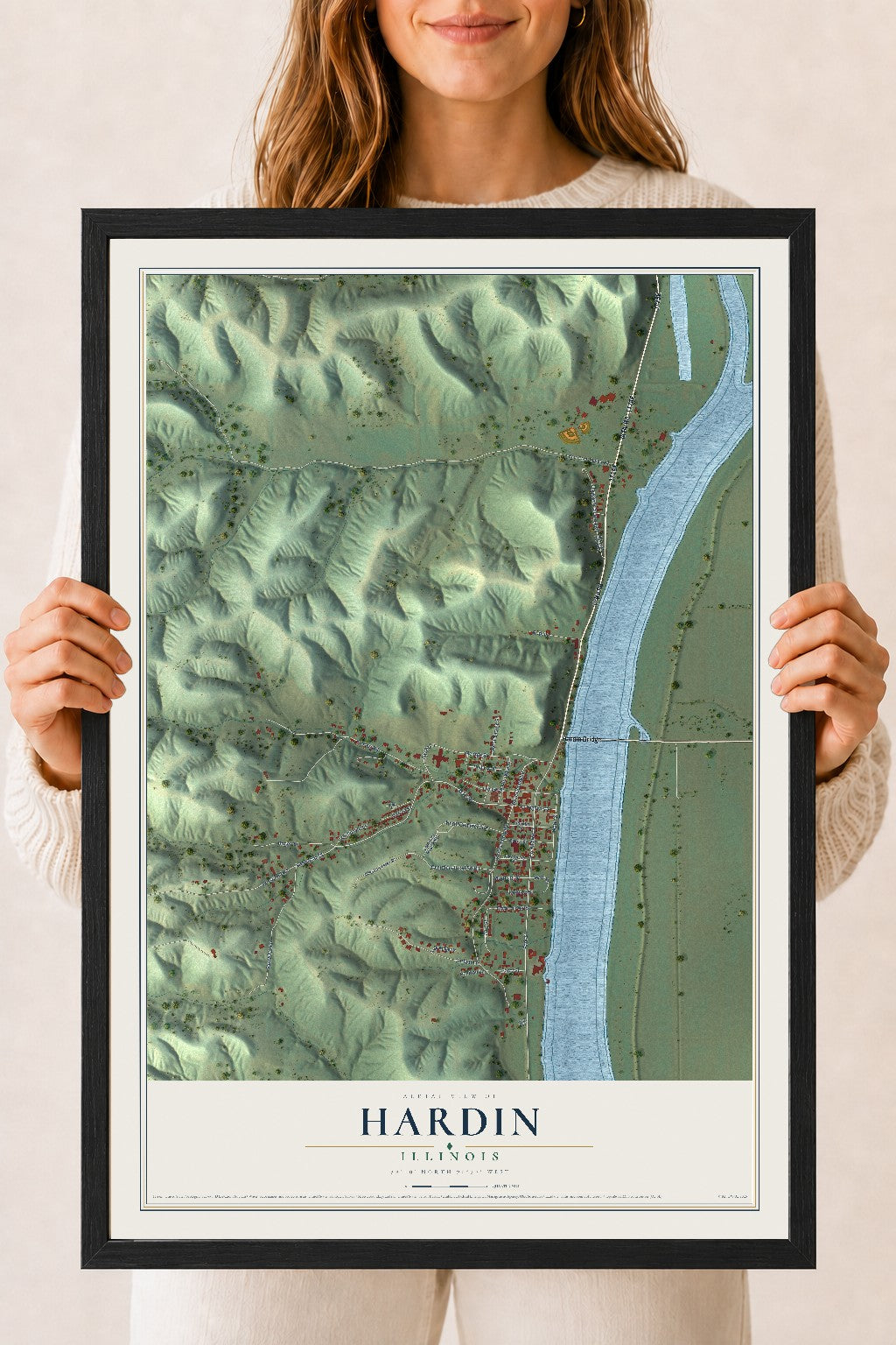 Map of Hardin, Illinois, 18 x 24 inch print in a black wood frame