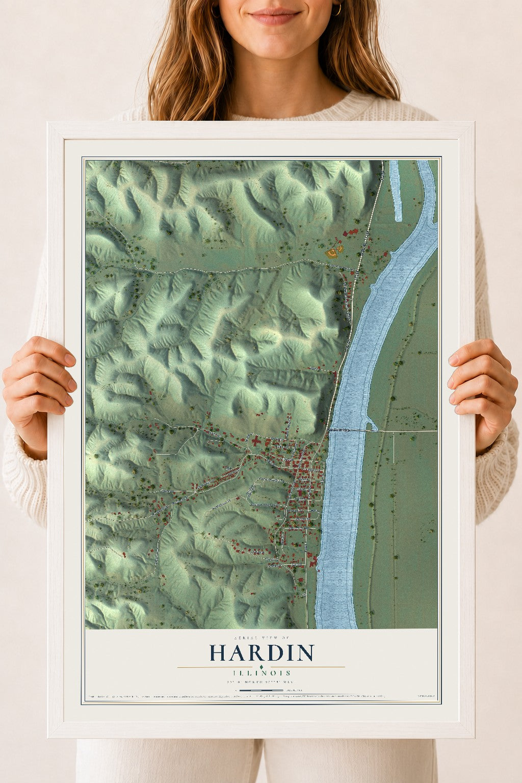 Map of Hardin, Illinois, 18 x 24 inch print in a white wood frame