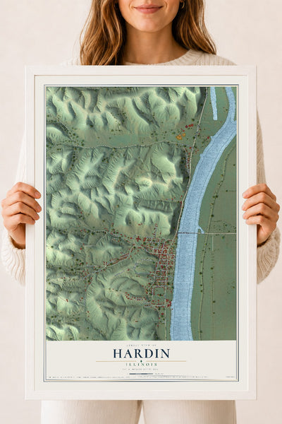 Map of Hardin, Illinois, 18 x 24 inch print in a white wood frame