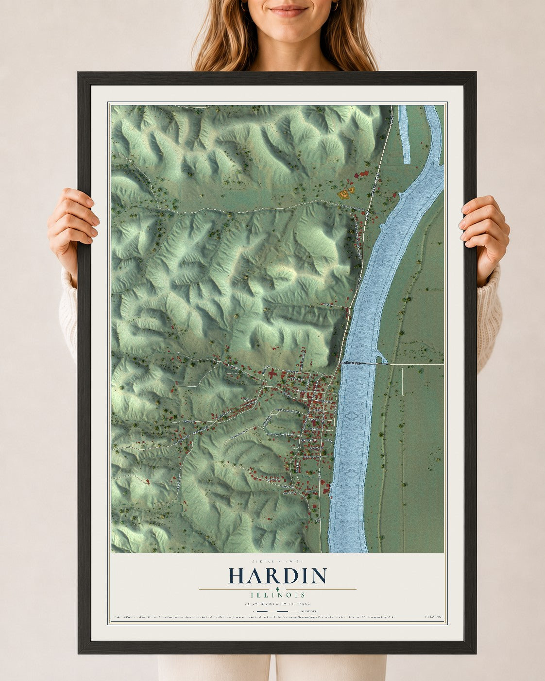 Map of Hardin, Illinois, 24 x 36 inch print in a black wood frame