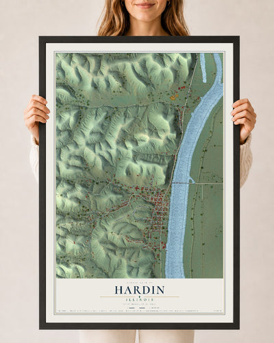 Map of Hardin, Illinois, 24 x 36 inch print in a black wood frame