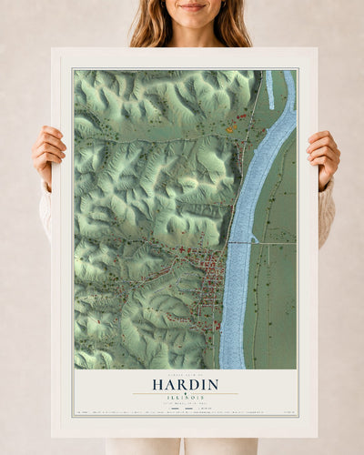 Map of Hardin, Illinois, 24 x 36 inch print in a white wood frame
