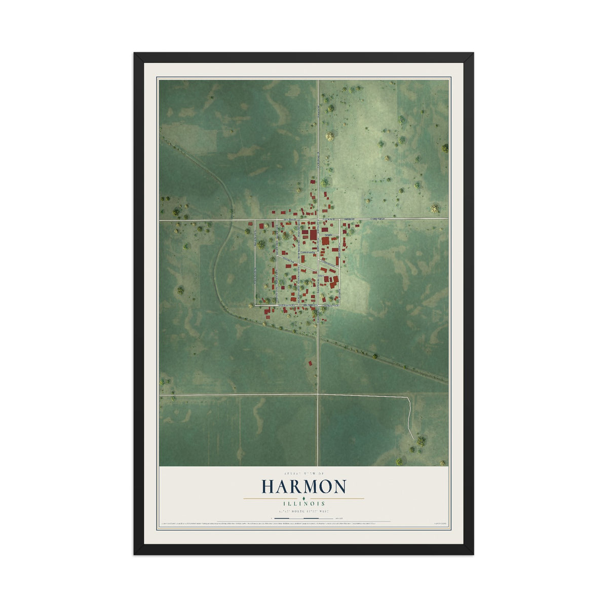 Map of Harmon, Illinois, 12 x 18 inch print in a black wood frame
