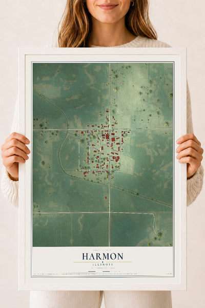 Map of Harmon, Illinois, 18 x 24 inch print in a white wood frame