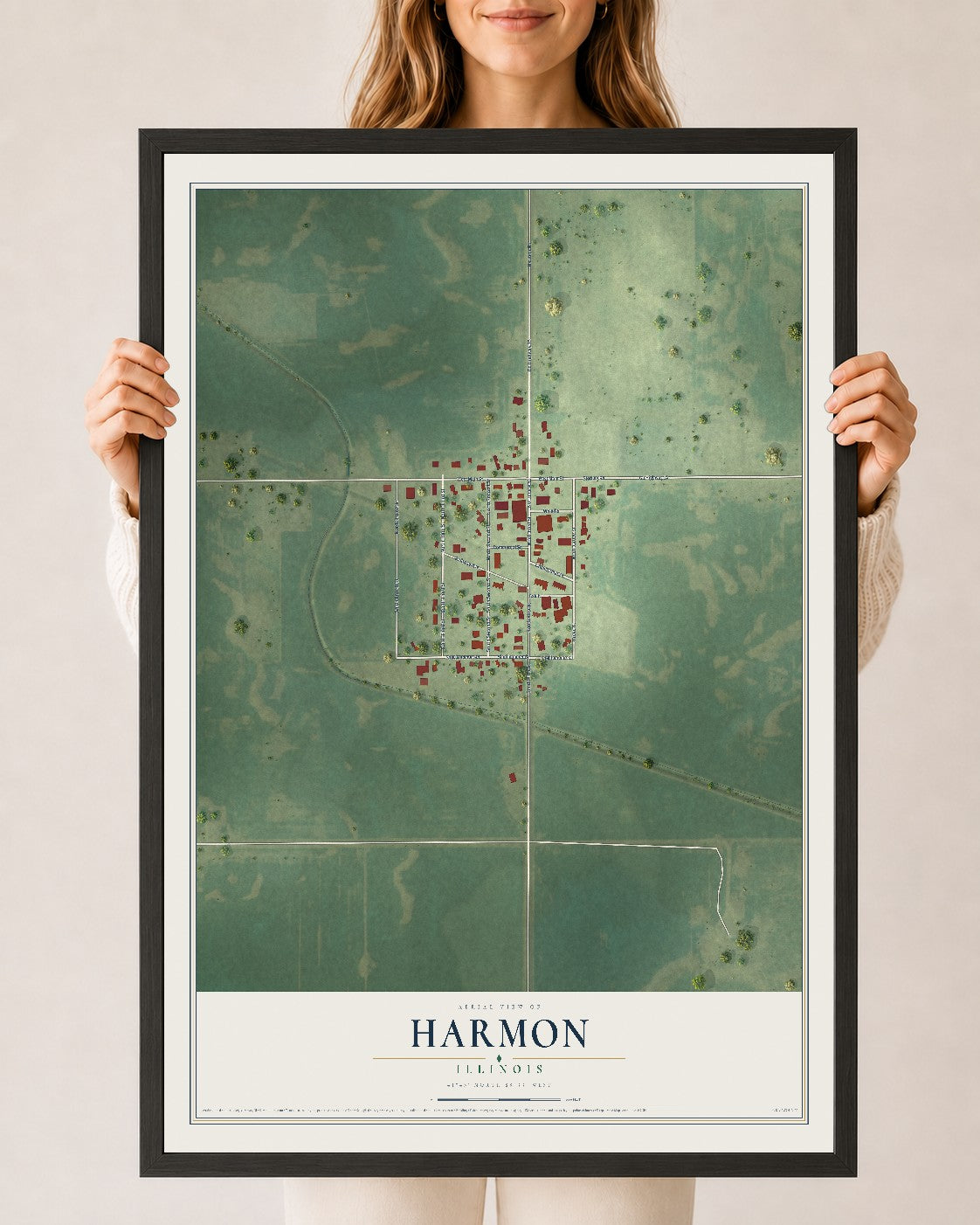 Map of Harmon, Illinois, 24 x 36 inch print in a black wood frame