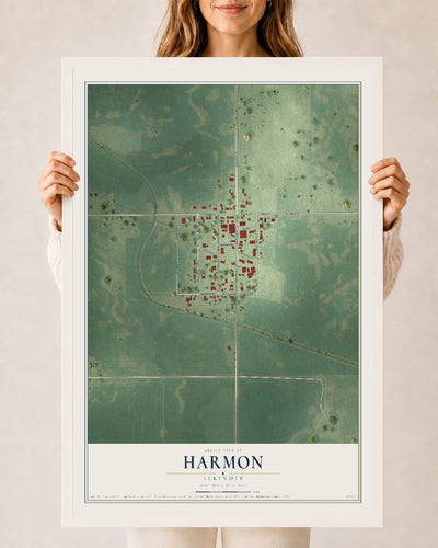 Map of Harmon, Illinois, 24 x 36 inch print in a white wood frame