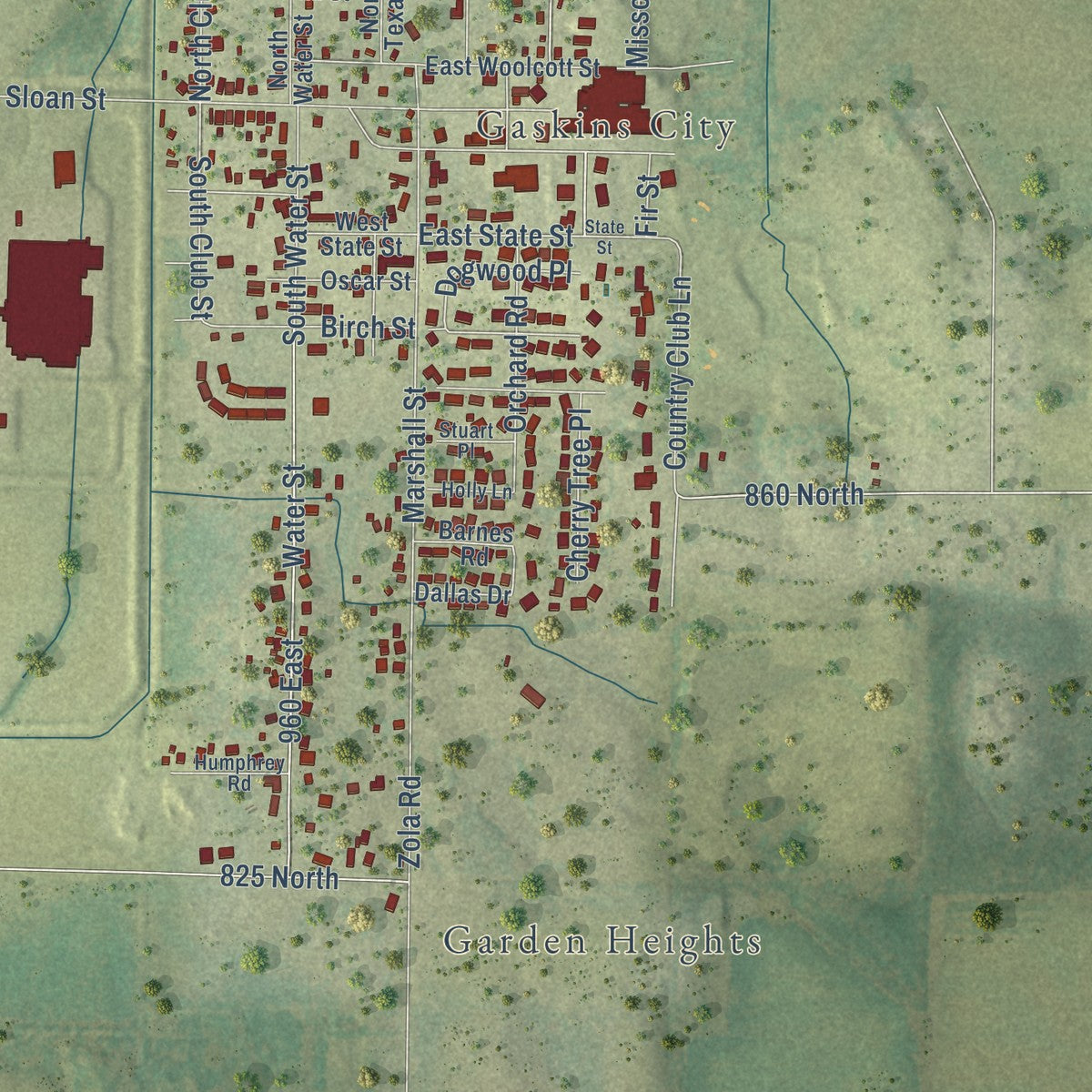 Second close-up of the map of Harrisburg, Illinois print showing more streets and buildings