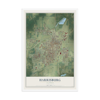 Map of Harrisburg, Illinois, 12 x 18 inch print in a white wood frame