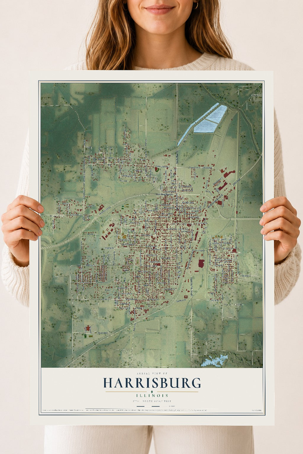 Map of Harrisburg, Illinois, 18 x 24 inch unframed archival matte print