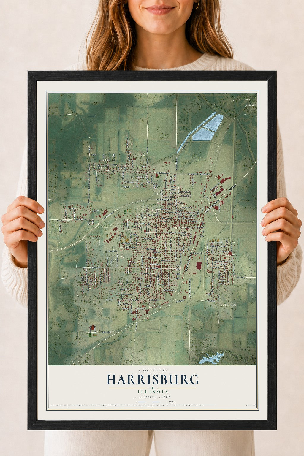 Map of Harrisburg, Illinois, 18 x 24 inch print in a black wood frame