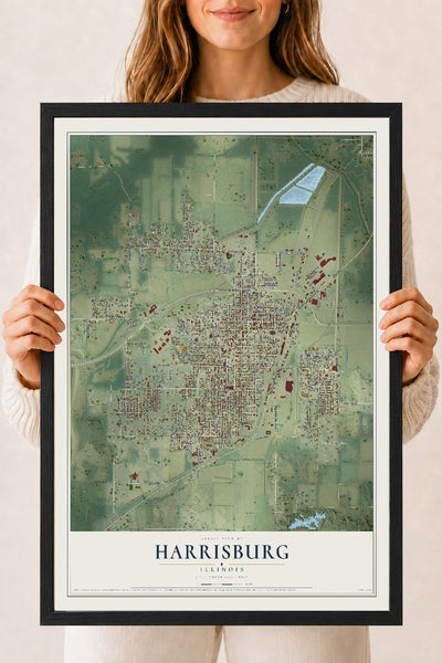 Map of Harrisburg, Illinois, 18 x 24 inch print in a black wood frame