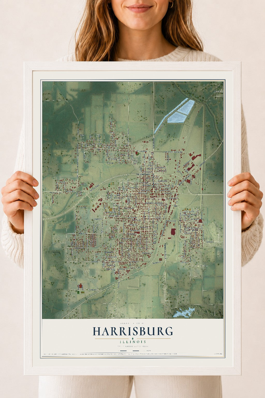 Map of Harrisburg, Illinois, 18 x 24 inch print in a white wood frame