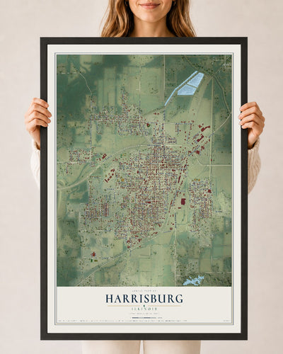 Map of Harrisburg, Illinois, 24 x 36 inch print in a black wood frame