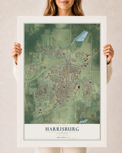 Map of Harrisburg, Illinois, 24 x 36 inch print in a white wood frame