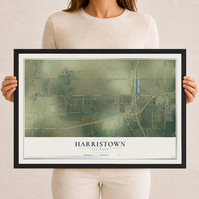 Map of Harristown, Illinois, 12 x 18 inch print in a black wood frame