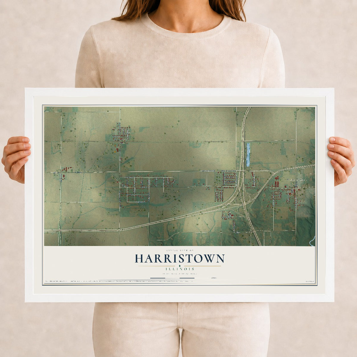 Map of Harristown, Illinois, 12 x 18 inch print in a white wood frame