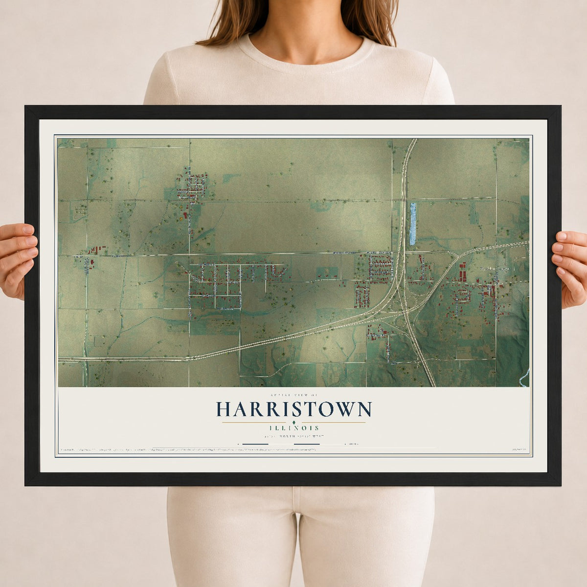 Map of Harristown, Illinois, 18 x 24 inch print in a black wood frame