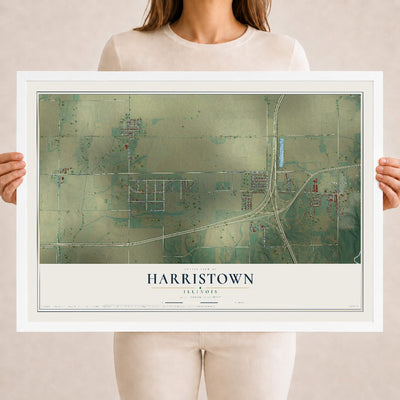 Map of Harristown, Illinois, 18 x 24 inch print in a white wood frame