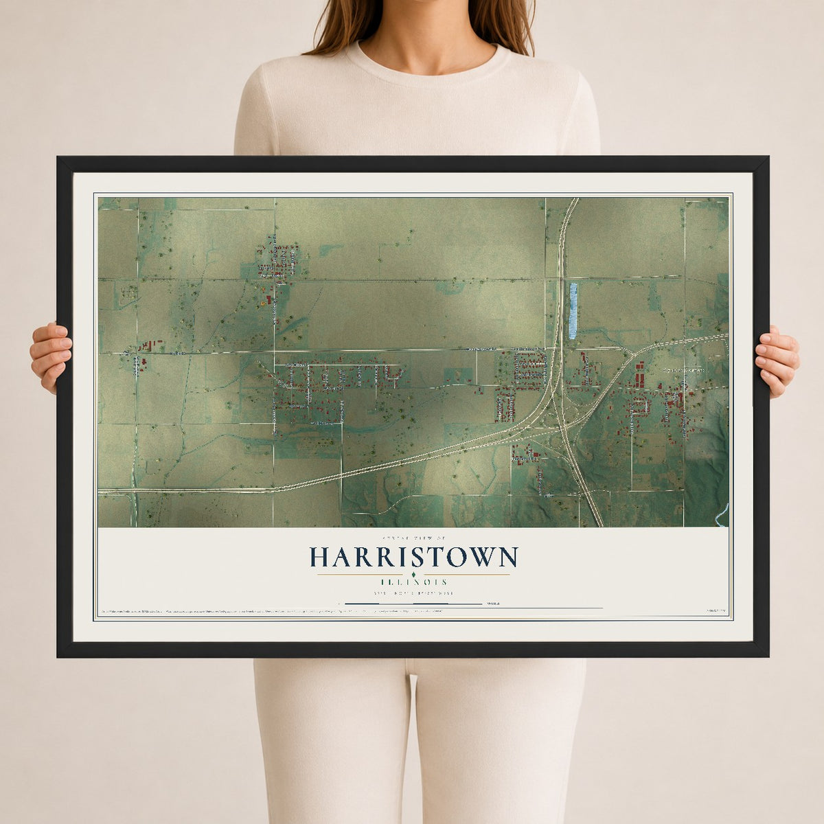 Map of Harristown, Illinois, 24 x 36 inch print in a black wood frame