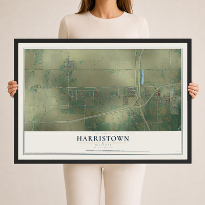Map of Harristown, Illinois, 24 x 36 inch print in a black wood frame