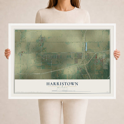 Map of Harristown, Illinois, 24 x 36 inch print in a white wood frame