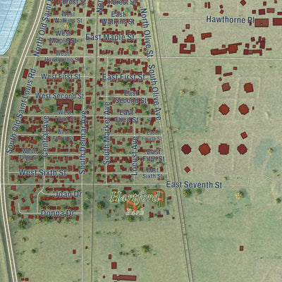 Close-up of the map of Hartford, Illinois print showing street and building detail