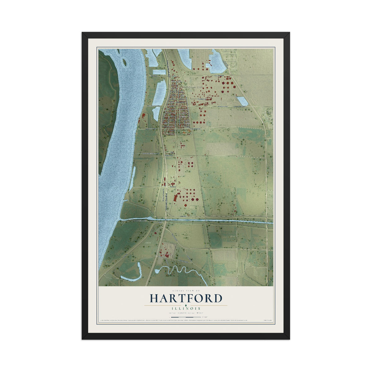 Map of Hartford, Illinois, 12 x 18 inch print in a black wood frame
